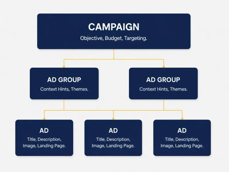 Three-layer structure of ChatGPT Ads: Campaign, Ad Group, Ad