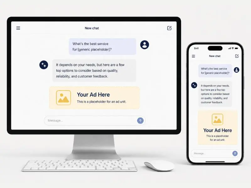 Conceptual illustration of a ChatGPT Ads placement inside a chat conversation